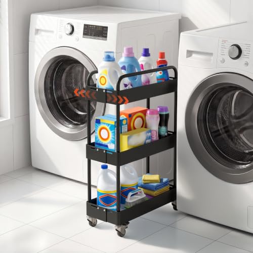HOTEAGLE 3-Tier Rolling Cart, Adjustable Width & High Adaptability | Metal Utility Carts with Wheels,Ideal Storage Organizer for Livingroom, Kitchen and Bathroom - color: Black, size: 3-tier