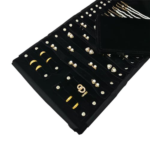 Velvet Travel Jewelry Case Roll Bag Organizer for Necklace Bracelet Earrings Ring (Black) (Black(2+6+6)) - color: Black (2+6+6)