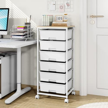 6 Drawer Rolling Storage Cart with Wooden Top and Wheels for Crafts,White | Easy Setup, Large Capacity, Sturdy Build, Lockable Mobility, For office, classroom and art studio supplies - color: White