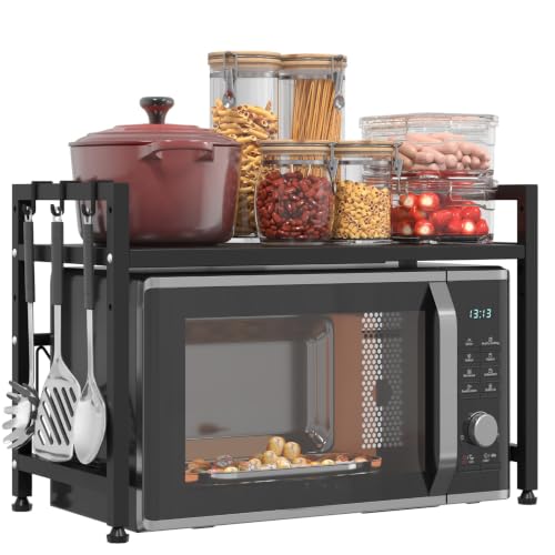Extendable Microwave Oven Stand, Adjustable Microwave Rack Toaster Shelf, Heavy Duty Rack 2 Tier Kitchen Counter Top Organizer with 6 Hooks for Kitchen - color: Black