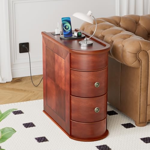 ROOMTEC Solid Wood End Table with Charging Station,Narrow Side Table with USB Ports and Outlets,No Assembly,Slim Chair Side Table,Narrow Sofa Side Table for Living Room Bedroom - color: End Table With Charging Station, size: 1 Pack