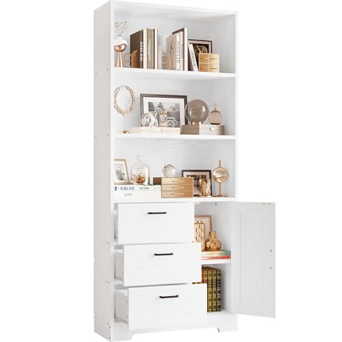 IRONCK Bookshelf with Doors and 3 Drawers 71 in Tall Bookcase with 3-Tier Shelves, Industrial Book Shelf with Storage for Living Room Entrance Hallway Home Office, White - color: White