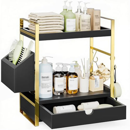 2-Tier Bathroom Counter Organizer, Wooden Vanity Shelf with Drawer & Basket | Pre-Drilled Holes, Skincare & Makeup Countertop Organizer and storage, Black-gold - color: Black-gold