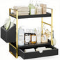 2-Tier Bathroom Counter Organizer, Wooden Vanity Shelf with Drawer & Basket | Pre-Drilled Holes, Skincare & Makeup Countertop Organizer and storage, Black-gold - color: Black-gold