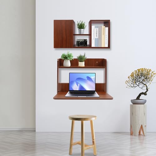 Wall Mounted Bookshelf with Moveable Cabinets, Multifunctional Folding Floating Desk, Fold Down Laptop Table with Storage Shelves for Bedroom Study Room Space Saving Small Space Garage (Walnut) - color: Walnut