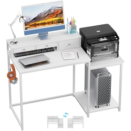 SINPAID 47 inch Computer Desk with Printer Shelf, Gaming Desk with Monitor Stand and Drawers, Reversible Home Office Desk with Storage Shelves and 2 Hooks, Home Workstation for Study Writing, White - color: White