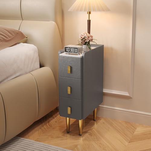 STARSAGA Narrow Nightstand with Drawers, 7.9" Narrow Bedside Table for Bedroom, Solid Wood Narrow Night Stand with Sintered Stone Top & Leather Surface, Slim Nightstand for Small Spaces, Gray - color: Grey, size: 15.7''×7.9''×24.5''
