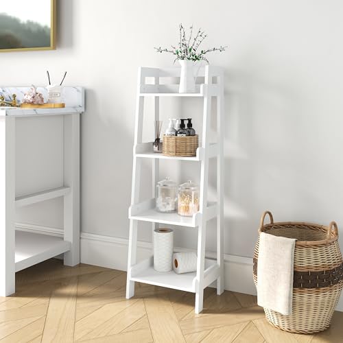 UTEX 4-Tier Ladder Shelf, Freestanding Bathroom Shelf, Open Wood Shelving Unit, Bathroom Floor Ladder Shelf (White) - size: 4-Tier