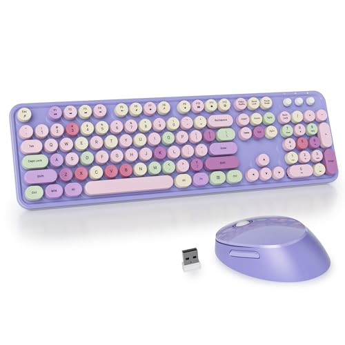 GTSP Typewriter Colorful Purple Keyboard and Mouse Wireless, 2.4GHz Full-Size Retro Cute Office Computer Keyboard with Round Keycaps for Desktop Laptop and PC (Colorful Purple) - color: Colorful Purple