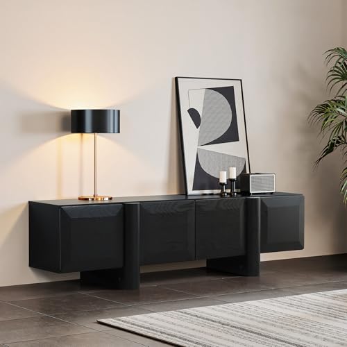 LuxenHome 63" Black TV Stand for Living Room, Modern Media Console Cabinet | Fits for TVs up to 65", Low-Profile TV Entertainment Center with Storage, Geometric Door Fronts