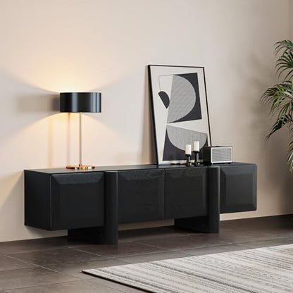 LuxenHome 63" Black TV Stand for Living Room, Modern Media Console Cabinet | Fits for TVs up to 65", Low-Profile TV Entertainment Center with Storage, Geometric Door Fronts