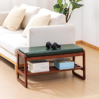 SOBIBO Solid Wood Shoe Bench, 2-Tier Wooden Entryway Bench, Modern Shoe Rack with Faux Leather Cushion for Hallway, Living Room (Green, 31.5'') - color: Green, size: 31.5 inches