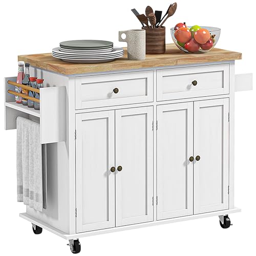 HOMCOM Kitchen Island Cart with Solid Wood Top 44" Mobile Distressed White | Kitchen Island Table, on Wheels, Storage Cabinets, 2 Drawers, Adjustable Shelves, Spice Rack & Towel Bar, for Dining Room - color: Distressed White