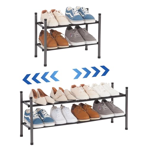 STORAGE MANIAC Expandable Shoe Rack for Closet, 8 Pairs Stackable Small Shoe Rack, Metal Adjustable Shoes Organizer for Entryway, Hallway, Garage, Front Door, Shoes Shelves, Black 2 Tier - color: Black, size: 2 Tier