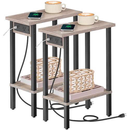 HOOBRO Narrow Side Tables, Set of 2, 2-Tier Slim End Tables with Charging Station, Skinny Nightstands with Open Storage, for Small Spaces, Living Room, Bedroom, Study,Greige and Black BG240UBZP201 - color: Greige + Black, size: 7.9"L x 15.7"W x 22.6"H