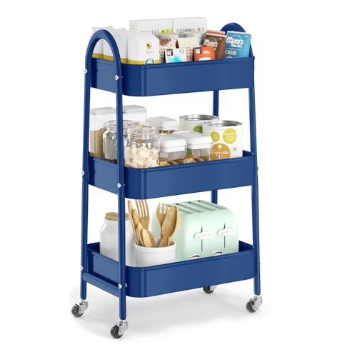 3 Tier Utility Rolling Cart, Metal Storage Cart with Handle and Lockable Wheels, Multifunctional Storage Organizer Trolley with Mesh Baskets for Kitchen, Living Room, Office, Garage (Indigo) - color: Indigo Blue, size: Normal