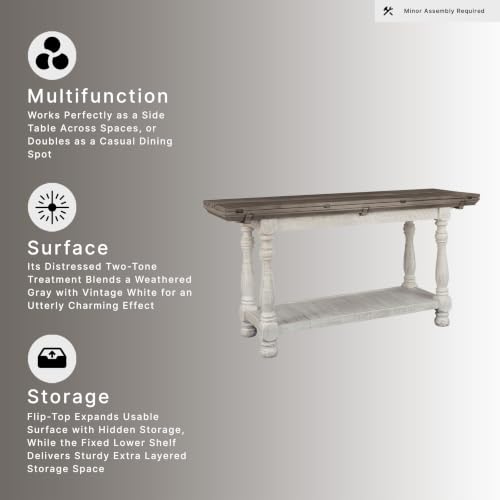 Signature Design by Ashley Havalance Farmhouse Sofa Table, Flip Top Design for Additional Dining Space and Fixed Lower Shelf, Gray & White with Weathered Finish - color: Gray/White, style: Sofa Table