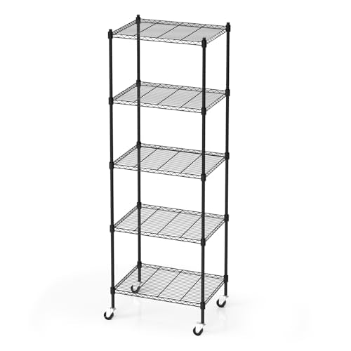 5 Tier Storage Shelves with Wheels, Heavy Duty Metal Garage Shelving Unit and Adjustable Feet, 865lb High Capacity Rolling Storage Shelf for Kitchen, Office, Dining Room (23.6"x 17.7"x 72"), Black - color: Black, size: 5-Tier with Wheels