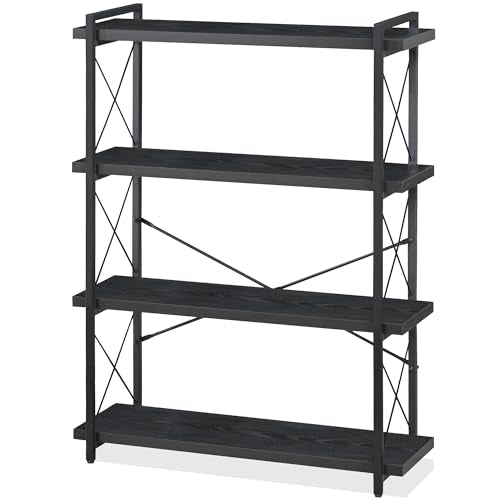 HCHQHS Bookshelf, 4-Tier Industrial Bookcase, Black Open Book Shelf, Freestanding Tall Bookshelves with Metal Frame - color: Ebony Black, size: 4-Tier (35.8"W x 51.2"H)