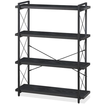 HCHQHS Bookshelf, 4-Tier Industrial Bookcase, Black Open Book Shelf, Freestanding Tall Bookshelves with Metal Frame - color: Ebony Black, size: 4-Tier (35.8"W x 51.2"H)