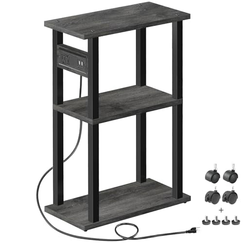 TUTOTAK Small Narrow Side Table with Charging Station, Skinny End Table for Small Spaces, Slim Nightstand with USB Ports and Outlet, Sofa Beside Table with Wheels, Charcoal Grey TB01BY046 - color: Charcoal Grey, size: 1 PC, style: With Plug