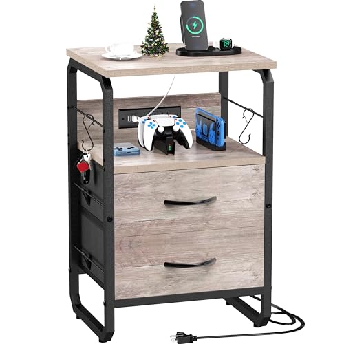 runjuly Nightstand with Drawers, Storage Night Stand with Charging Station Type C Port, Small Side Table with Hooks, Wood Metal End Table for Living Room, Bedroom, Dorm, Greige - color: Greige, style: 2 Drawers