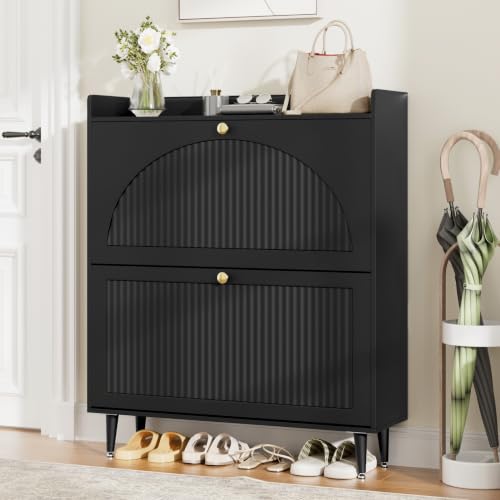 Shoe Storage Cabinet with 2 Flip Drawers, Shoe Organizer Storage with Adjustable Shelves, Freestanding Hidden Slim Narrow Shoe Rack Cabinet for Entryway, Foyer, Hallway, Living Room (Black) - color: Black