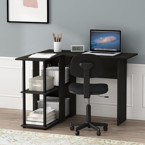 Furinno Abbott L-Shape Computer Desk with Bookshelf, Espresso/Black - color: Espresso/Black, style: Plastic Poles