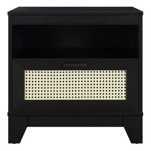 Manhattan Comfort Sheridan Cane Nightstand with Full-Extension Drawer and Open Shelf Cubby, Mid-Century Modern Bedside End Table, Boho Night Stand Accent Table for Bedroom or Living Room in Black - size: Set of 1