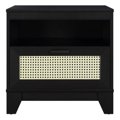 Manhattan Comfort Sheridan Cane Nightstand with Full-Extension Drawer and Open Shelf Cubby, Mid-Century Modern Bedside End Table, Boho Night Stand Accent Table for Bedroom or Living Room in Black - size: Set of 1