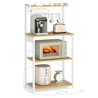 VASAGLE BARNET Collection - Kitchen Bakers Rack with Power Outlet, 23.6-Inch Wide Coffee Bar 4-Tier with 8 S Hooks, Modern Microwave Stand, Adjustable Shelf, Golden Oak and Cloud White UKKS014Y01V1 - color: Golden Oak + Cloud White, size: 23.6"W