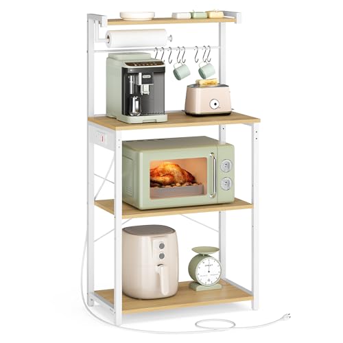 VASAGLE BARNET Collection - Kitchen Bakers Rack with Power Outlet, 23.6-Inch Wide Coffee Bar 4-Tier with 8 S Hooks, Modern Microwave Stand, Adjustable Shelf, Golden Oak and Cloud White UKKS014Y01V1 - color: Golden Oak + Cloud White, size: 23.6"W