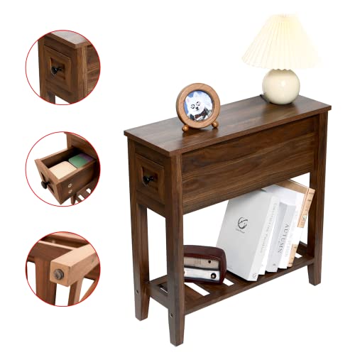 Chairside Narrow End Table, Solid Recliner Side Table with Drawer, Slim Nightstand Bedside Table for Living Room Bedroom