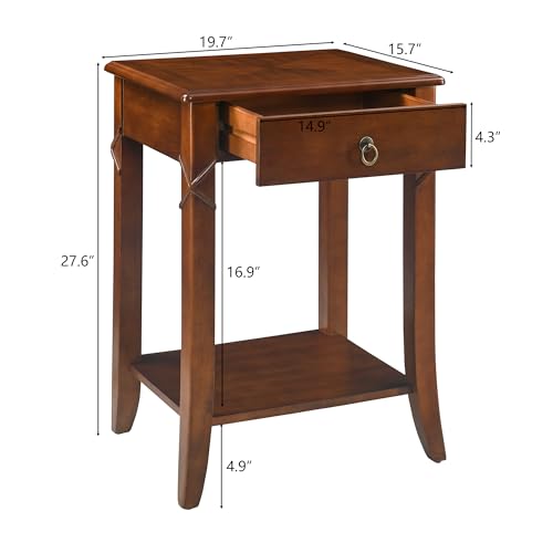 27.6" High End Table with Drawer and Storage Shelf, Solid Wood Side Table, Traditional Sofa BesideTables, Narrow Telephone Tables for Living Room,Small Space No-Tools Assembly, Cherry Brown GBJDR200 - color: Cherry Brown