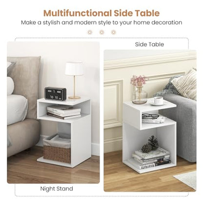Giantex 3-Tier Side Table, S-Shaped End Table with 2 Open Storage Compartments, Wood Narrow Bedside Table, Modern Nightstand for Bedroom, Living Room, Small Spaces, Easy Assembly, White