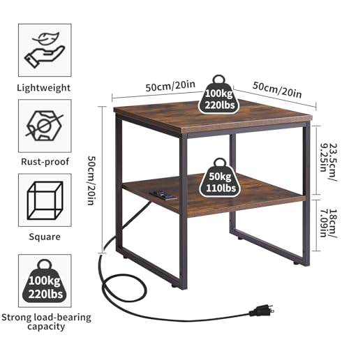 Aibiju Square Side Table with Charging Station and USB Port, 20-inch Multi-Functional Side Table/Printer Table with Adjustable Storage Shelf, Retro Brown YD-TM153HD - color: Rustic Brown, style: With Charging Station