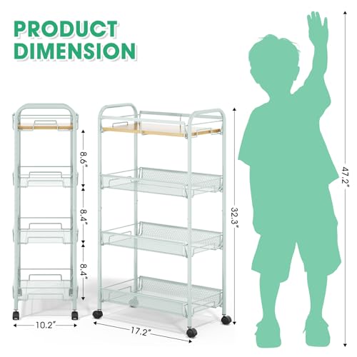 TOOLF 4-Tier Rolling Cart, Metal Utility Cart, Slide Out Storage Cart with Wooden Tabletop and Mesh Baskets for Narrow Space on Kitchen Bathroom Laundry Room Bedroom Apartments Dormitory (Green, Wide) - size: Wide, style: Green