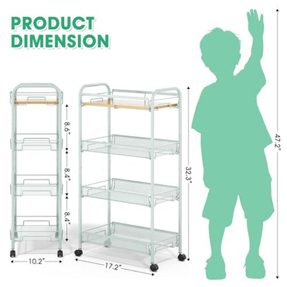 TOOLF 4-Tier Rolling Cart, Metal Utility Cart, Slide Out Storage Cart with Wooden Tabletop and Mesh Baskets for Narrow Space on Kitchen Bathroom Laundry Room Bedroom Apartments Dormitory (Green, Wide) - size: Wide, style: Green