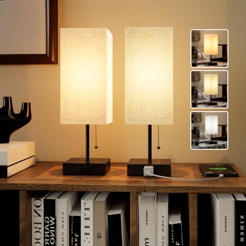 YIDPU Table Lamp for Bedroom,Nightstand Lamp for Bedside with AC Outlets,Adjustable 3color LED Light Desk Lamp for Home Decor,Included Bulb and Lamp Shade (Linen White-onlyAC, 2PCS) - color: Linen White-onlyAC, size: 2PCS