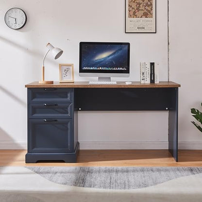 60" Farmhouse Executive Desk with Charging Station,Home Office Desk with 2 Drawers &1 File Cabinet,Wood Work Desk for Office and Home (Blue) - color: Blue