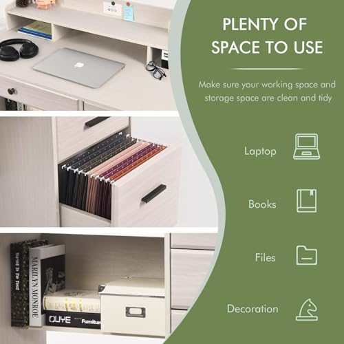 Catrimown Computer Desk with Drawers and Hutch, Farmhouse Home Office Desk, Wood Student Desk with File Drawer for Bedroom, Writing Table for Small Space, Warm White - color: Warm White