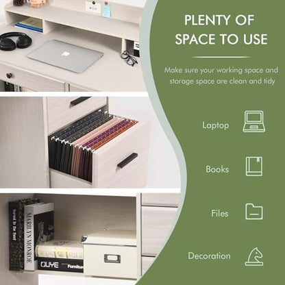 Computer Desk with Drawers and Hutch, Farmhouse Home Office Desk, Wood Student Desk with File Drawer for Bedroom, Writing Table for Small Space, Warm White - color: Warm White