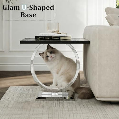 Asday Black End Table, Modern Wood Side Table, Silver End Table with U-Shaped Stainless Steel Base - color: Black and Silver, size: Set of 1