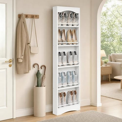 YATINEY Tall Narrow Shoe Rack, Vertical Behind Door Shoe Organizer, White | Wooden Skinny Shoe Shelf with Open Storage for Small Spaces, 6-tier Shoe Storage for Standing Shoes, Space Saving