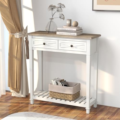 Kinpaw Narrow Console Table with Storage- White Entryway Table, Small Sofa Table with Drawer & Storage Shelf for Entryway, Hallway, Foyer, Behind Couch, Living Room Furniture, Wood - color: White-2 Drawers