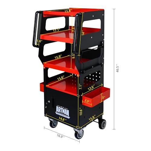 4-Level Multi Purpose Tool Trolley Cart with Cabinet & Locking Caster | Mechanic workshop service utility cart, full 360° locking wheels, storage chest organizer for garage repair use