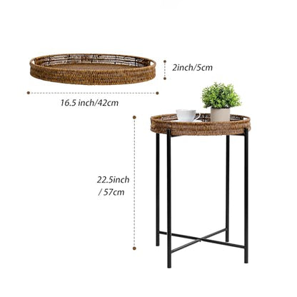 DINGTAI Small Wicker Round End Table, 16.5 in Rattan End Tables with Removable Tray, Waterproof Sofa Coffee Side Table, Indoor Outdoor Side Tables for Patio, Living Room Bedroom Office