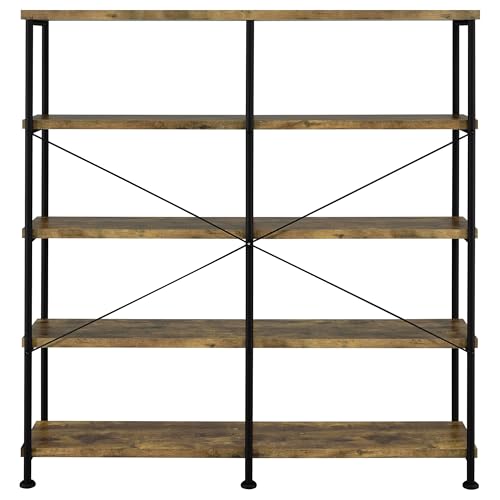 Coaster Home Furnishings - Analiese - Wood and Metal - 4-Tier Double Bookshelf with Open Shelves, X-Back Bracing, and Rectangular Frame - Home Office - 63-Inch - Rustic Nutmeg - 801543 - color: Rustic Nutmeg