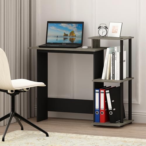 Furinno Efficient 29-Inch Grey Computer Desk with Side Shelves, Gaming Desk with 3 Open Shelves, Home Office Desk, for Home Office, Study Room, Dorm, Bedroom, Grey Oak/Black - color: Grey Oak/Black, size: 28.6-in with 3 Side Shelves
