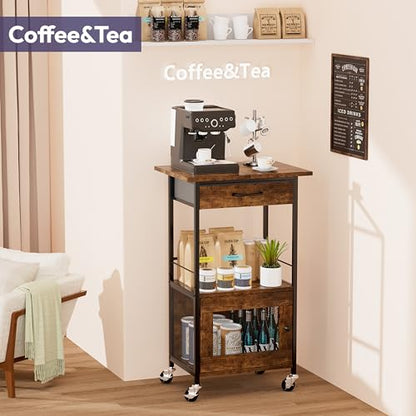 SWTYMIKI Buffets Coffee Bar Cabinet - Rolling Kitchen Rack, Farmhouse Small Coffee Stand with Storage Drawer and Door Cabinet - Kitchen Microwave Stand for Apartment, Living Room, Entryway, Espresso - size: 18.9x14.57in, style: Espresso
